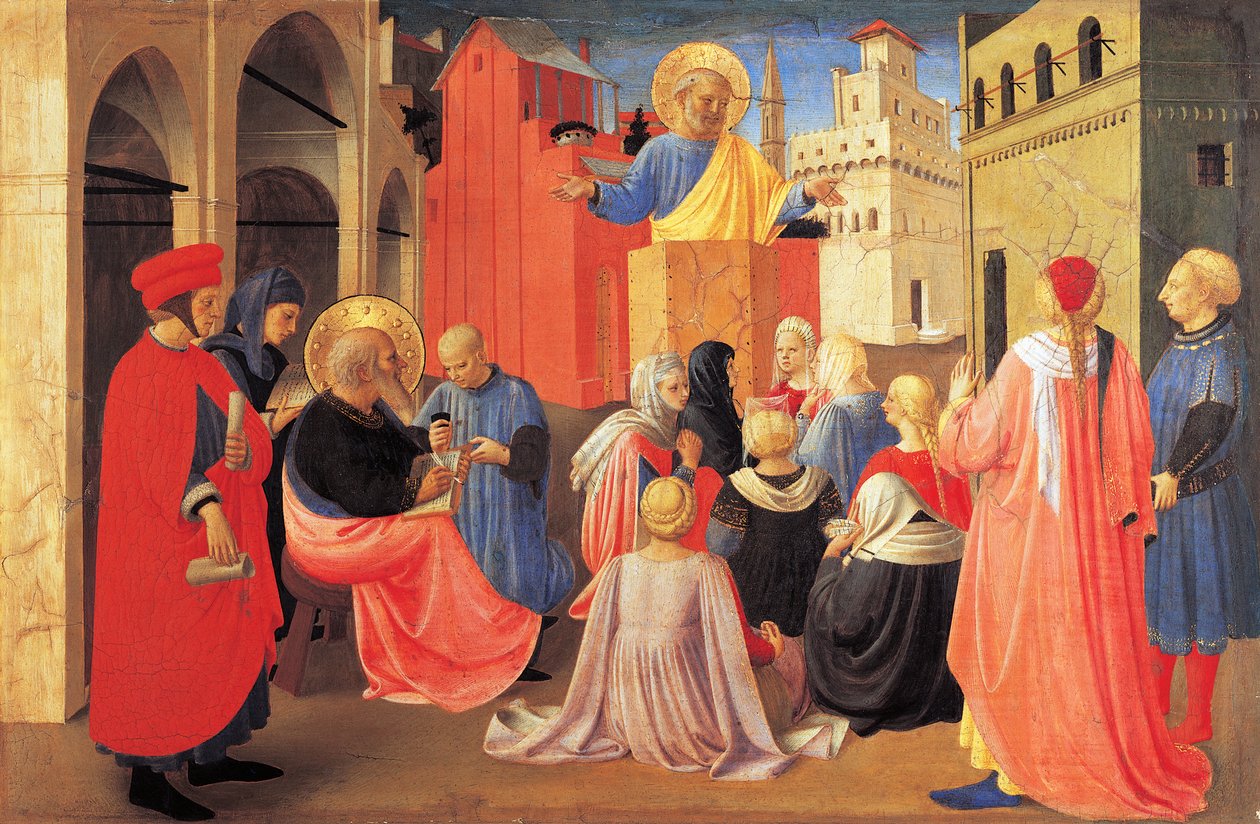 Svatý Petr káže evangelium svatému Markovi, detail z predely Tabernacle of the Linen Drapers od Fra (c.1387 1455) Angelico