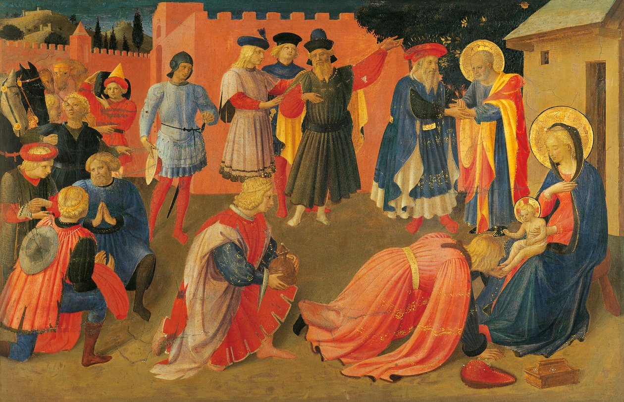 Klanění tří králů, Detail ze středního panelu predely, Tabernacle of the Linen Drapers od Fra (c.1387 1455) Angelico