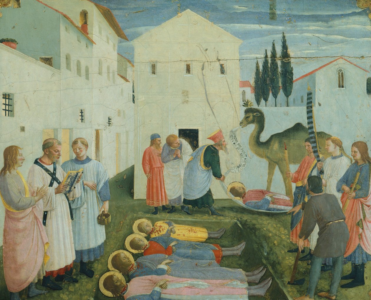 Pohřeb svatých Kosmy a Damiána, obrazy predella zobrazující příběh svatého Kosmy a svatého Damiána ze San Marco Altarpiece, cca 1443 (tempera na dřevě) od Fra  Angelico