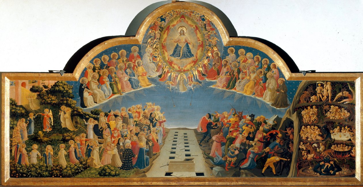 Poslední soud Detrempe na dřevě od Guida di Pietro (nebo Fra Giovanni da Fiesole) dit Fra Angelico nebo il Beato (1400-1455). Rozměr 105x210 cm Muzeum San Marco. Florencie od Fra  Angelico