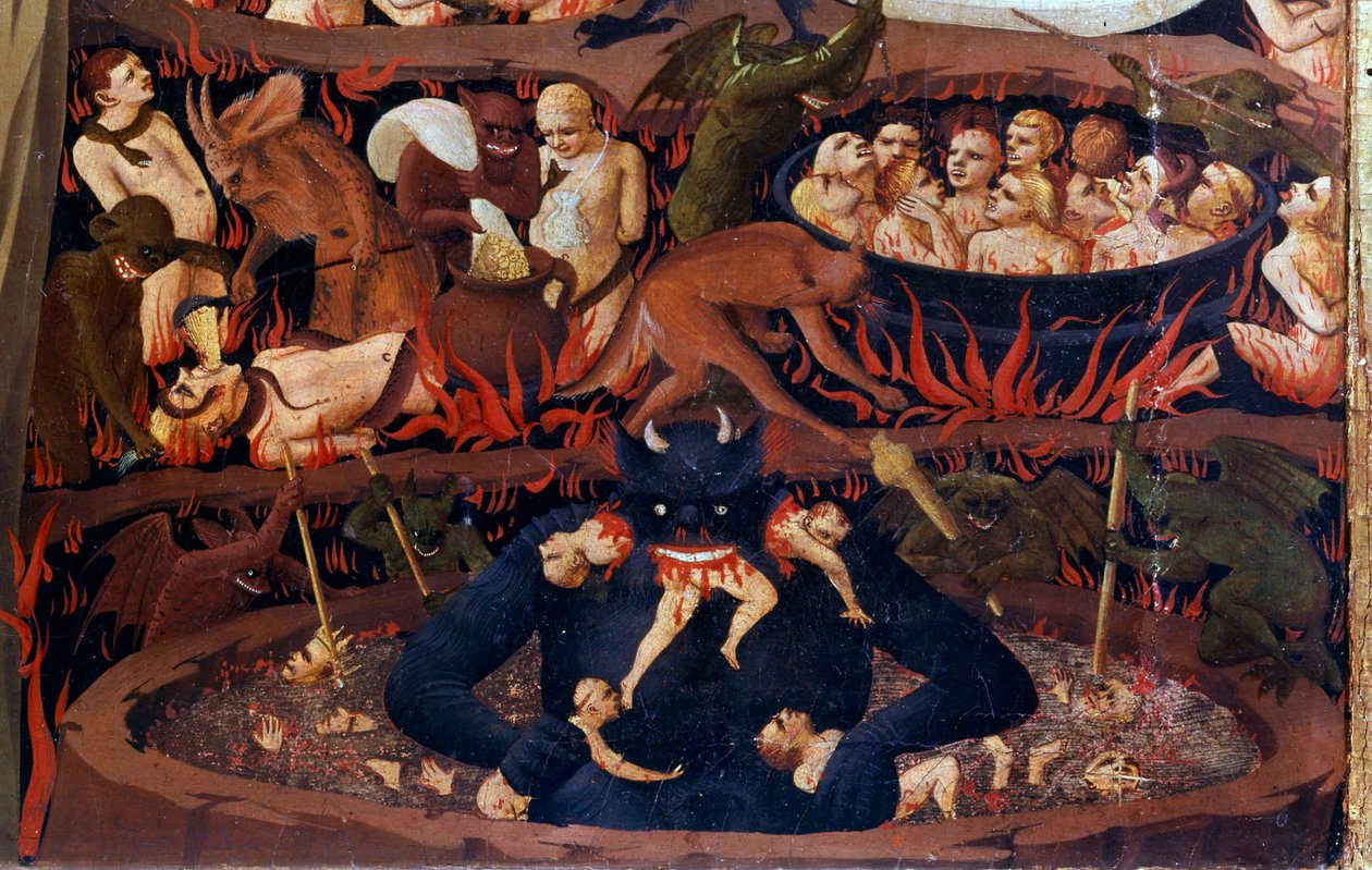 Poslední soud: detail podsvětí. Zatracení v pekelných kruzích, mučení démony. Detail detrempe na dřevě od Guida di Pietro (nebo Fra Giovanni da Fiesole) dit Fra Angelico nebo il Beato (1387-1455) od Fra  Angelico