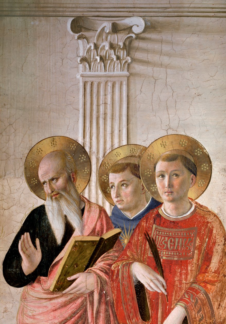 Madona ze stínů. Detail: St John, St Thomas and St Lawrence (freska, cca 1438-1446) od Fra  Angelico