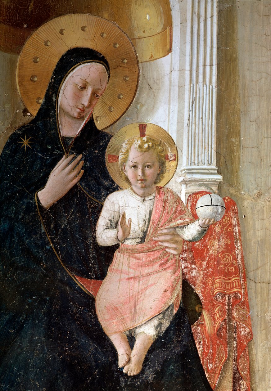 Madona ze stínů. Detail, aureola Ježíše Krista je označena křížem (freska, cca 1438-1446) od Fra  Angelico