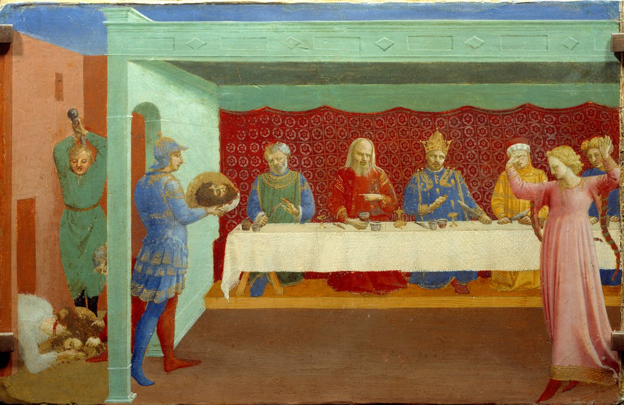 Dekolace svatého Jana Křtitele na hostině Herode Antipas Banquet de Herode (Herode Antipas): Dcera Herodeade (Salome), která byla pozvána k tanci během Herodových narozenin, svede Heroda, který se přísahou zaváže, že jí dá vše, o co požádá. od Fra  Angelico