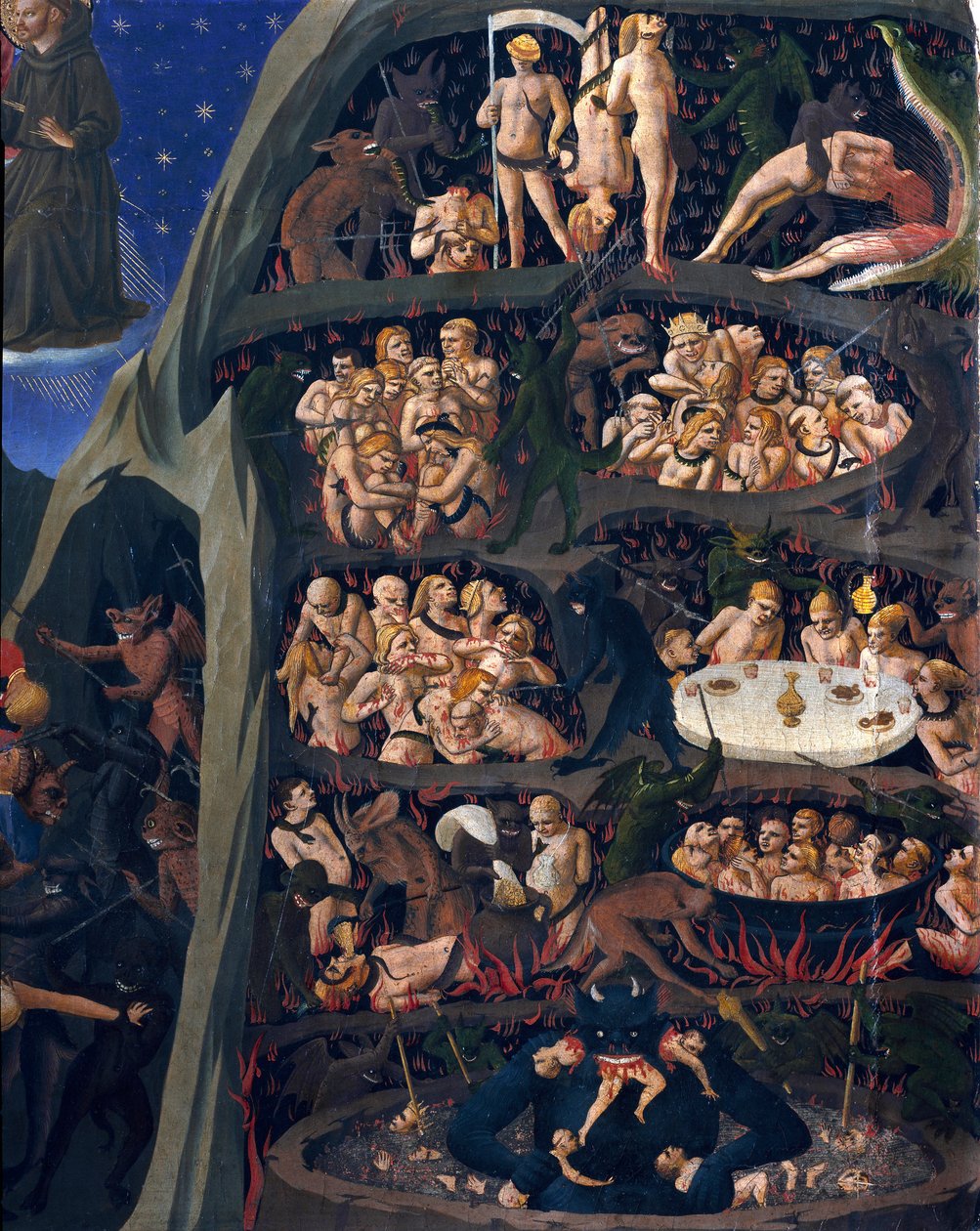 Poslední soud: peklo. Duše zatracených vystavené mučení v kruzích pekla. Jednoho z nich má čert dole. Obraz Guido di Pietro (nebo Fra Giovanni da Fiesole) dit Fra Angelico ou il Beato (1400-1455) od Fra  Angelico