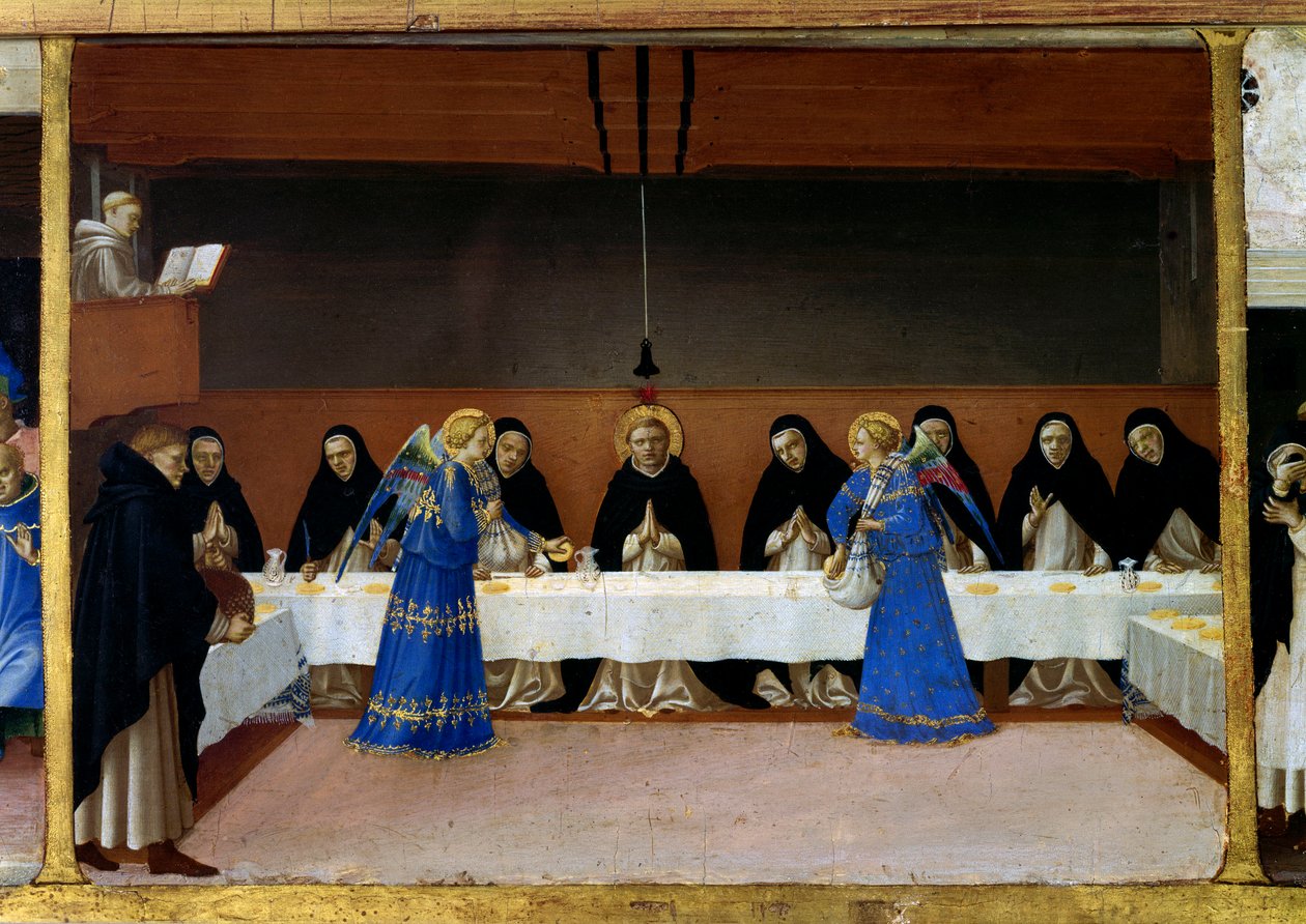 Mniši u stolu, kuchyně andělů Život svaté Dominiky (detail predele Korunovace Panny Marie): andělé podávají jídlo bratřím dominikánům. Obraz Guido di Pietro (nebo Fra Giovanni da Fiesole) dit Fra Angelico ou i od Fra  Angelico