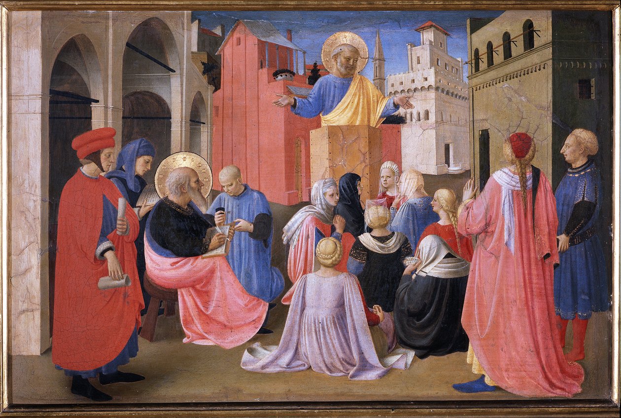 Kázání svatého Petra v přítomnosti svatého Marka. Tabernacle of Linaioli (Malba na dřevě od Fra  Angelico