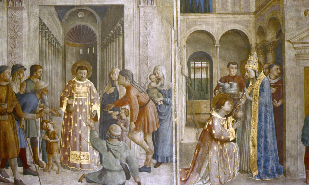 Svatý Sixtus svěřuje církevní poklady Vavřinci a sv. Vavřince dává almužnu od Fra (c.1400 55) Angelico