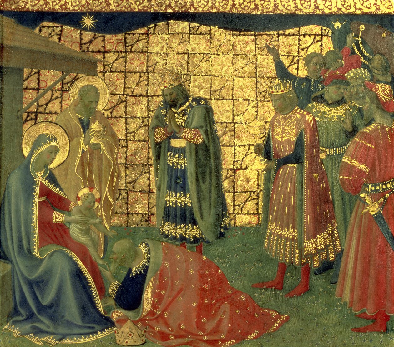 Klanění tří králů, detail z panelu predella, 1434 tempera na detail panelu z 98904 od Fra Angelico