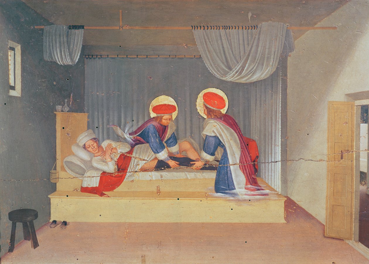 Oltářní obraz, Panna a dítě obklopené anděly a osmi svatými. Predella: Svatý Kosmas a svatý Damien přesazují nohu černocha na Justiniánského diakona (tempera na panelu) od Fra Angelico