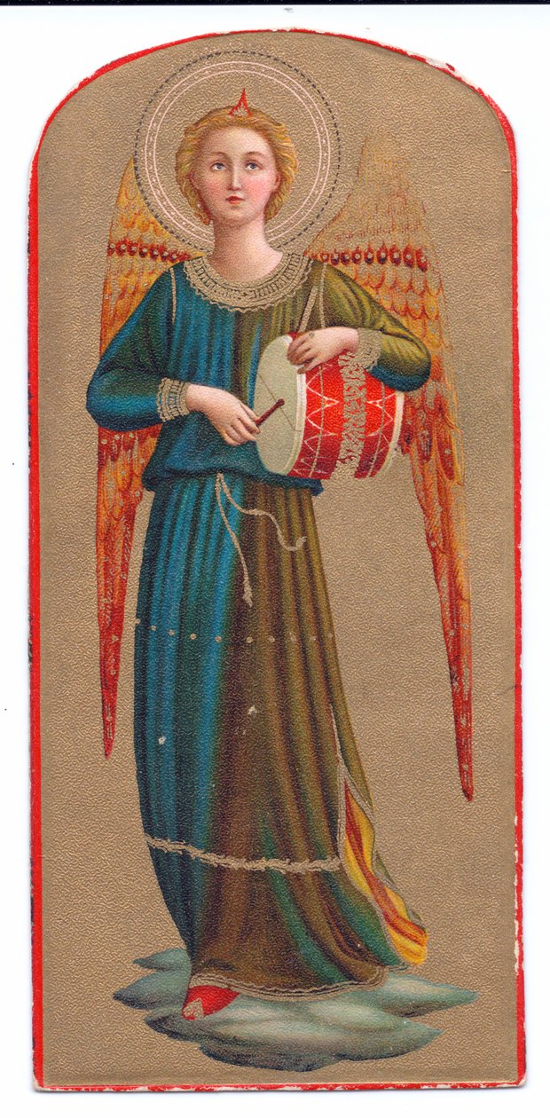 Barevný litografický tisk fra angelico anděl hrající na buben, c. 1910 od Fra Angelico