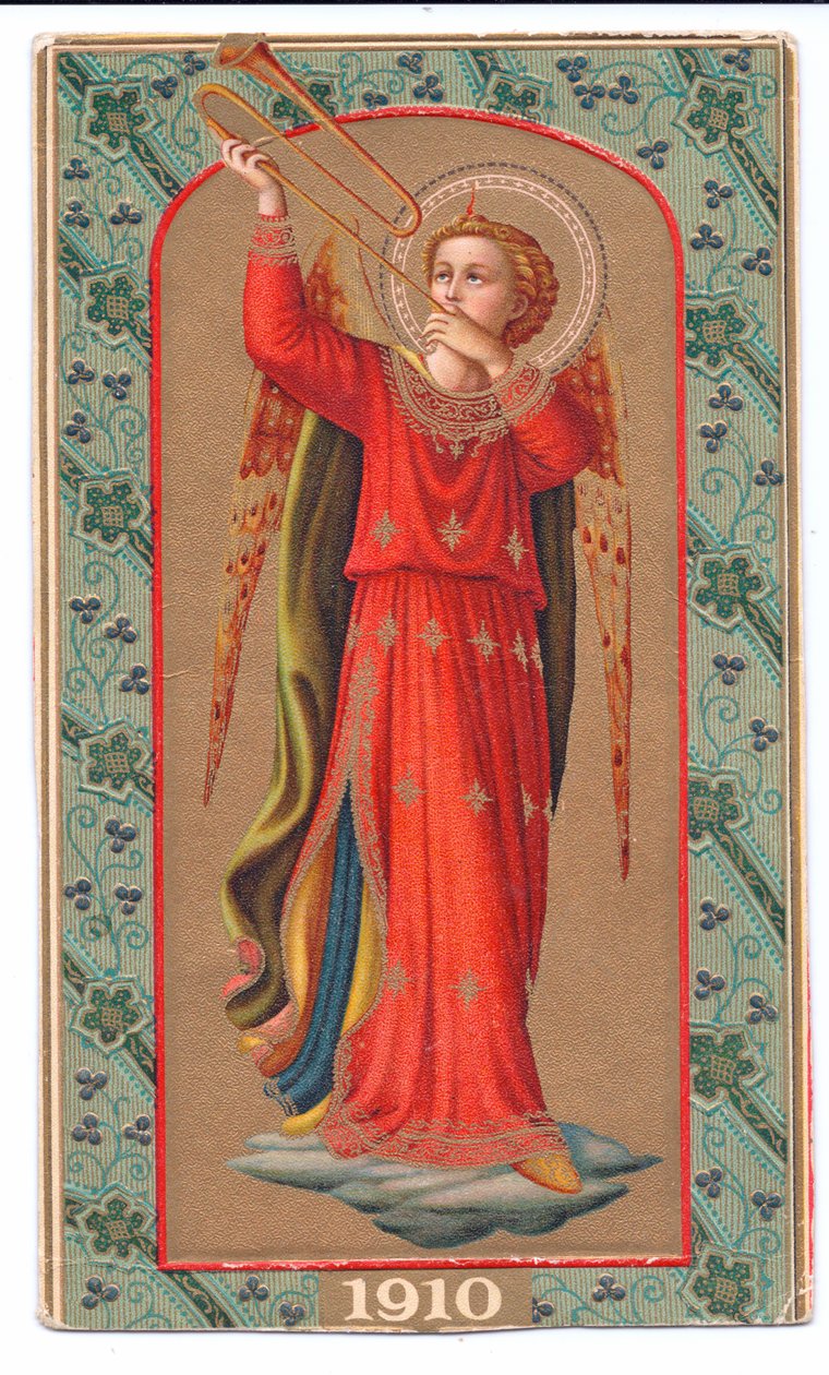 Barevný litografický tisk fra angelico anděl hrající na trubku, cca 1910 od Fra Angelico