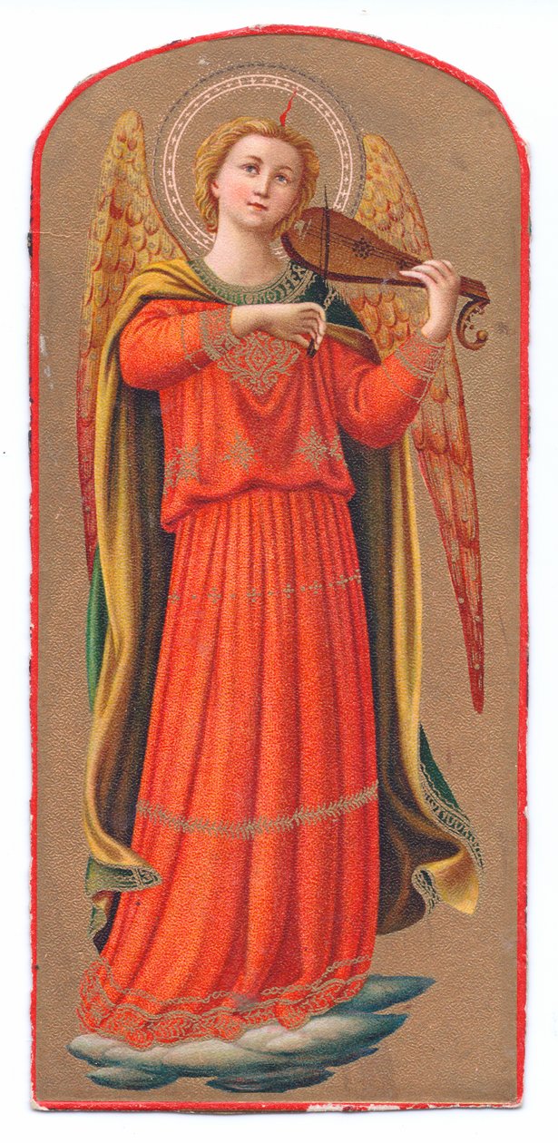 Barevný litografický tisk fra angelico anděl hrající na housle, kolem roku 1910 od Fra Angelico