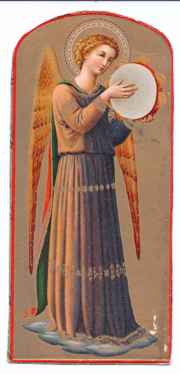 Barevný litografický tisk fra angelico anděl hrající na tamburínu, c. 1910 od Fra Angelico