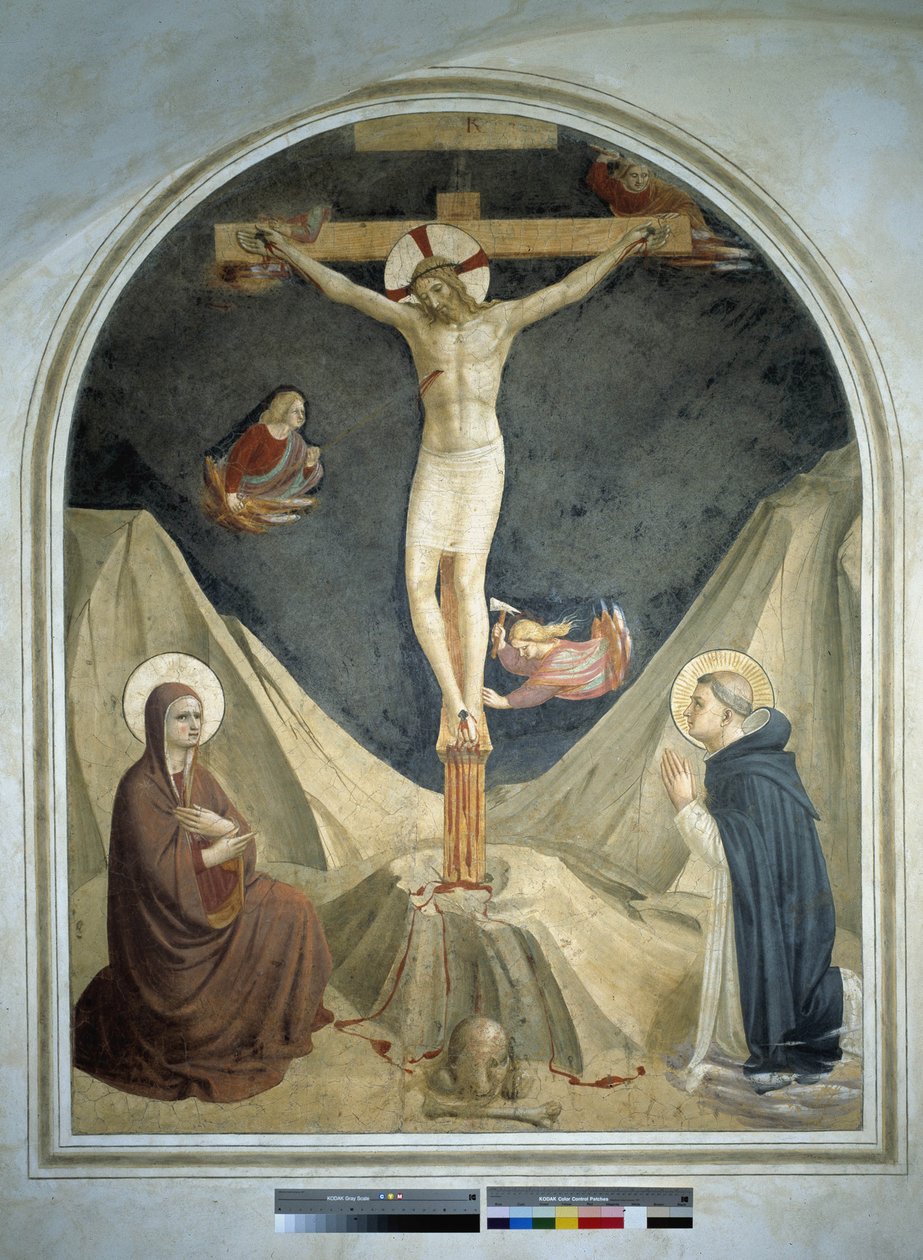Ukřižování s Pannou a svatým Dominikem. Freska od Guida di Pietra od Fra Angelico