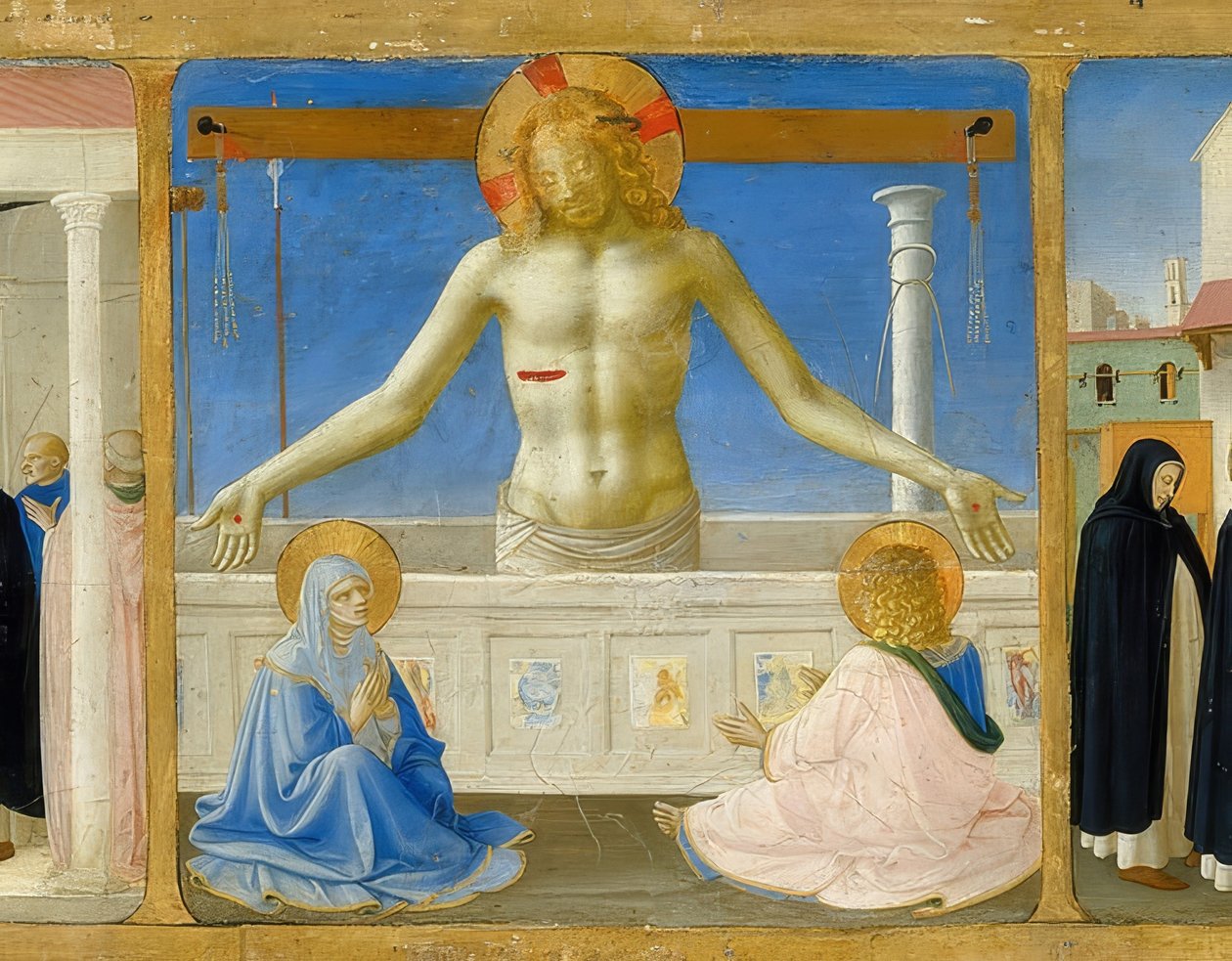 Vzkříšení Krista / Kristus jako muž bolesti (detail predely oltářního obrazu Korunování Marie). Kolem roku 1430 od Fra Angelico