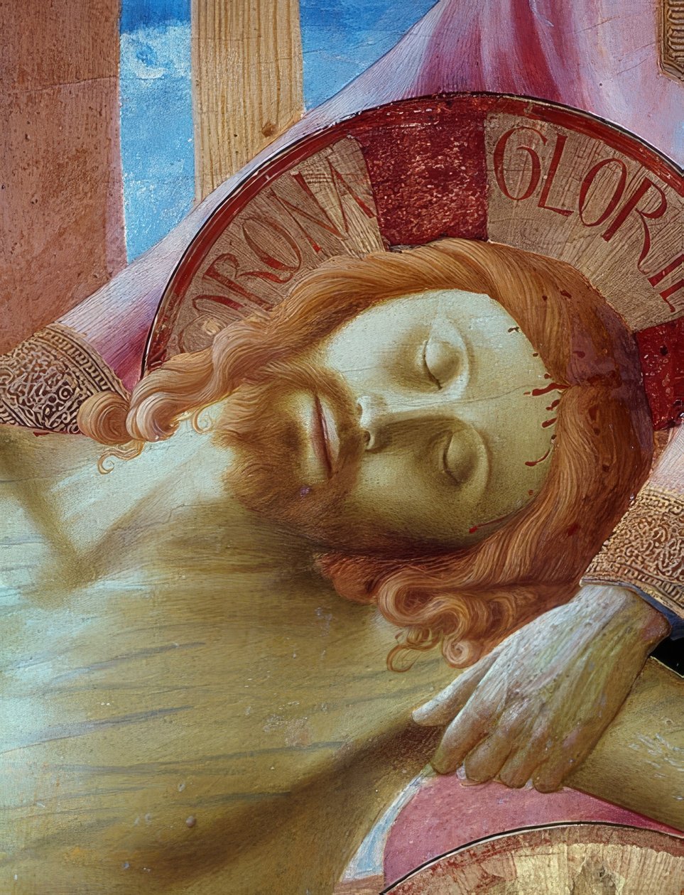 Sestup z Kříže. Detail střední části původního oltářního obrazu Santa Trinita ve Florencii: hlava Krista. 1437 od Fra Angelico