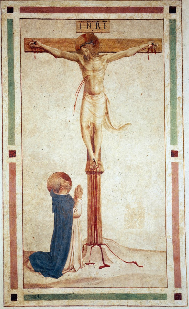 Ukřižování se svatým Dominikem. Nápis "INRI"" na kříži. Freska od Guida di Pietra od Fra Angelico
