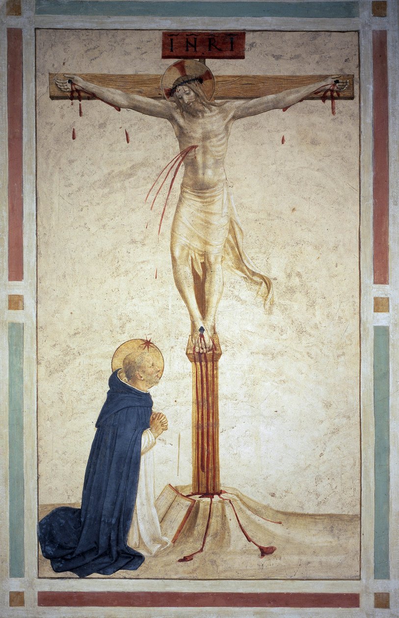 Ukřižování se svatým Dominikem. Nápis "INRI"" na kříži. Freska od Guida di Pietra od Fra Angelico