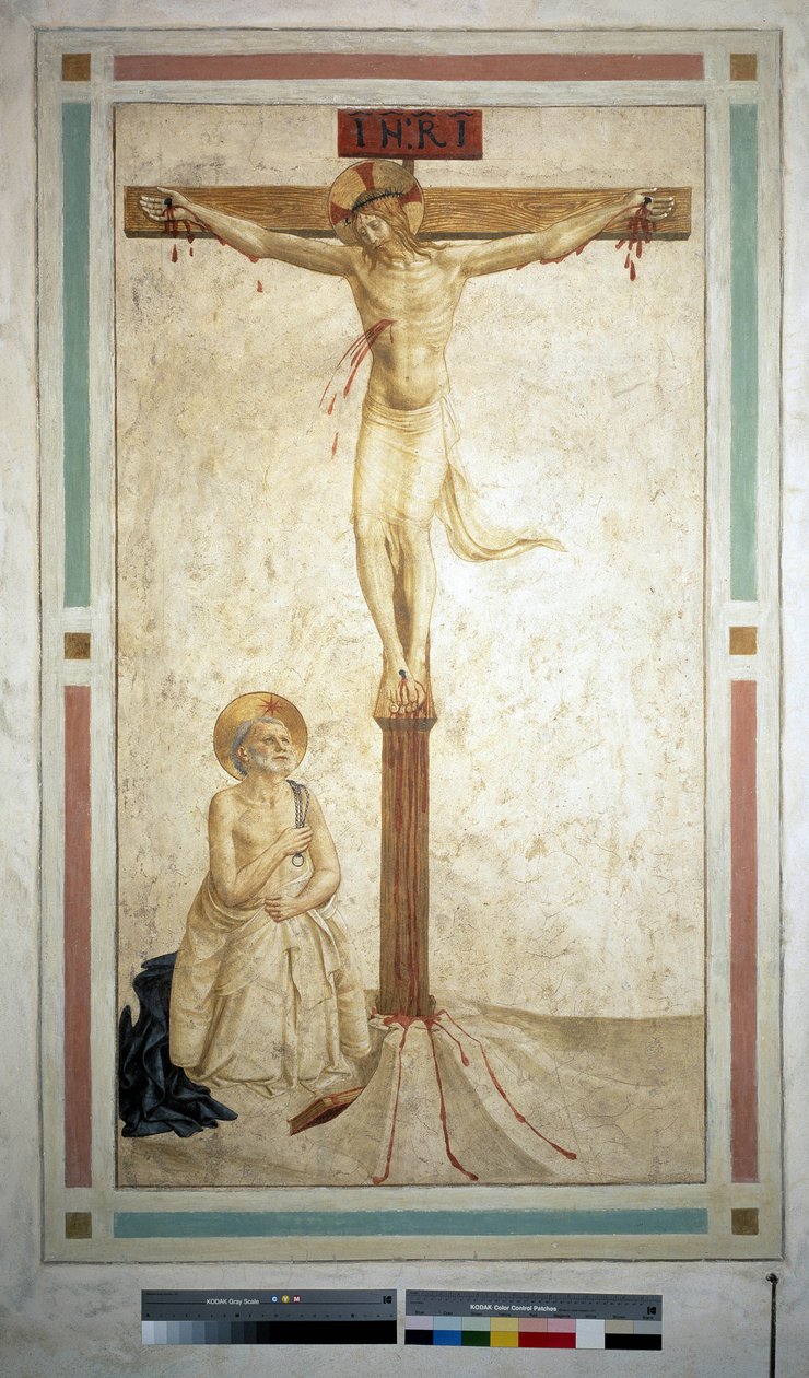 Ukřižování se svatým Dominikem. Nápis "INRI"" na kříži. Freska od Guida di Pietra od Fra Angelico