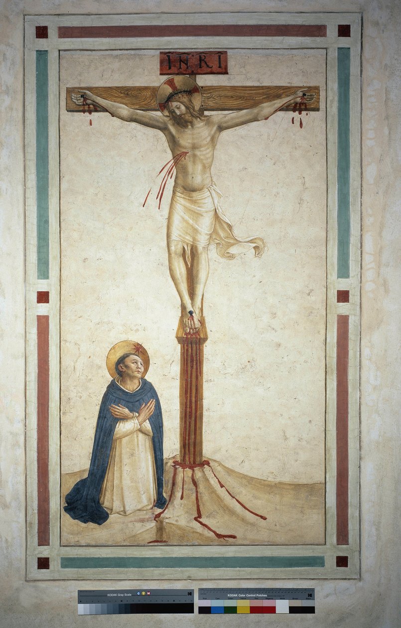 Ukřižování se svatým Dominikem. Nápis "INRI"" na kříži. Freska od Guida di Pietra od Fra Angelico