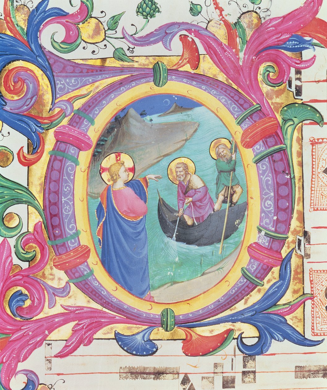 Misál 558 f.9r Historizovaná iniciála O s vyobrazením zázračného tahu ryb (detail 88928) od Fra Angelico
