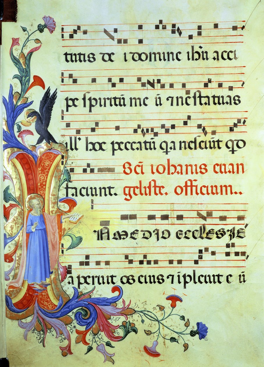 Ms 558 f.13v Historizovaná iniciála "I" s vyobrazením svatého Jana Evangelisty, se stránkou notového zápisu z misálu, počátek 30. let 14. stol. od Fra Angelico