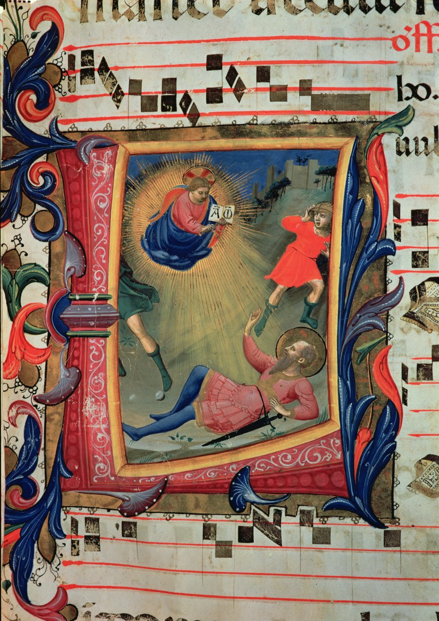 Ms 558 f.21v Historická iniciála zobrazující Obrácení sv. Pavla, detail z misálu, začátek 30. let 14. století od Fra Angelico