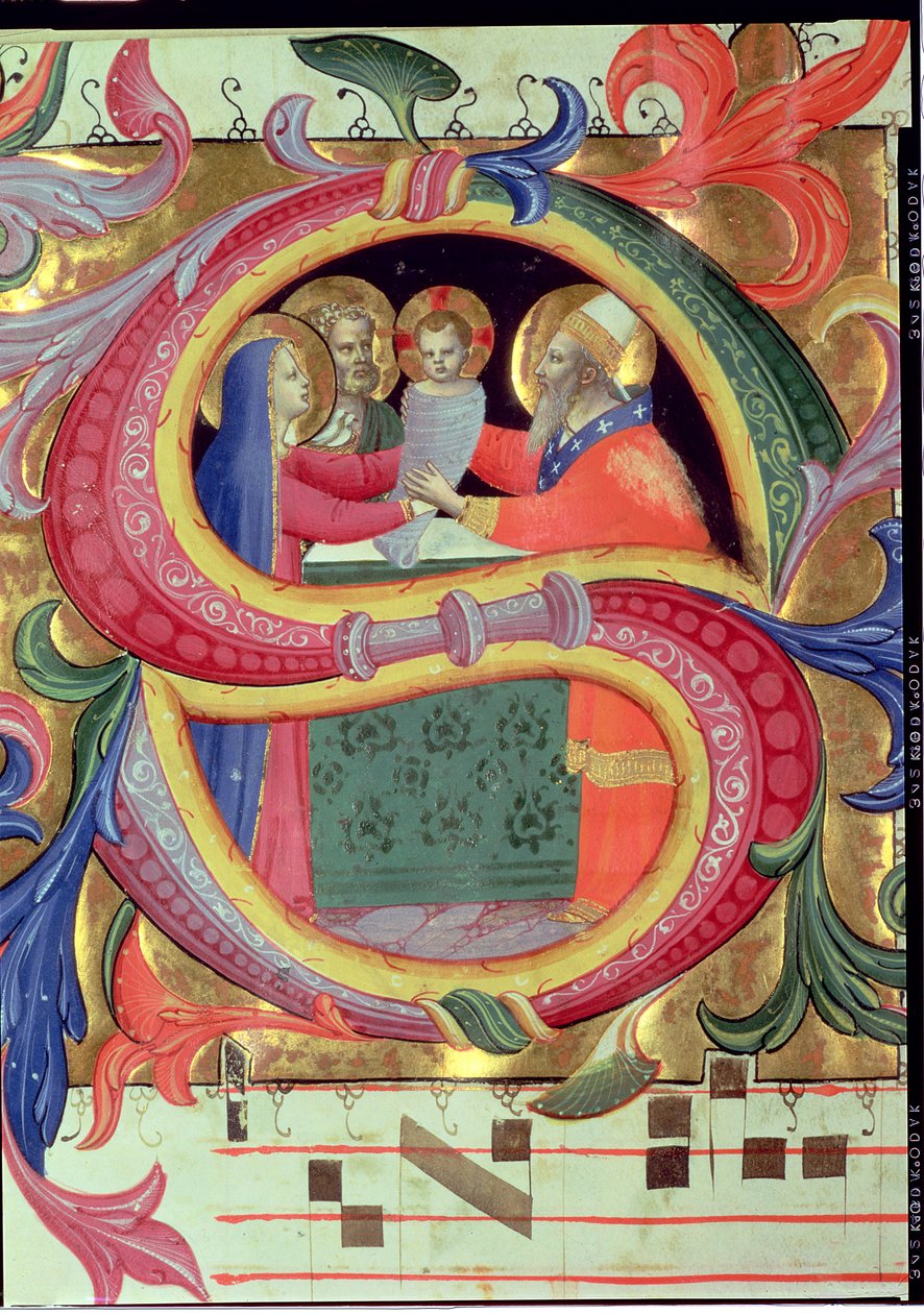 Ms 558 f.26v Prezentace v chrámu, vyobrazená s historickou iniciálou S, detail z misálu, pergamenový detail z počátku 30. let 14. století z 78832 od Fra Angelico