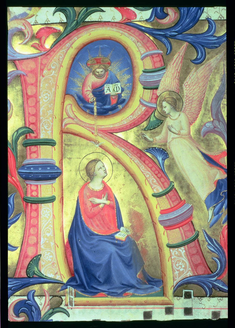 Ms 558 f.33v Zvěstování zobrazené historizovanou iniciálou R, detail z misálu, počátek 30. let 14. století, pergamenový detail 88932 od Fra Angelico
