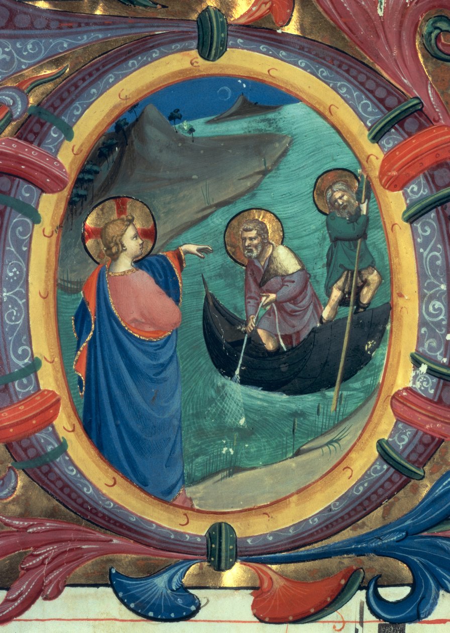 Ms 558 f.9r Povolání svatého Petra a Ondřeje, detail historizované iniciály O z misálu, pergamenový detail z počátku 30. let 14. století 88928 od Fra Angelico