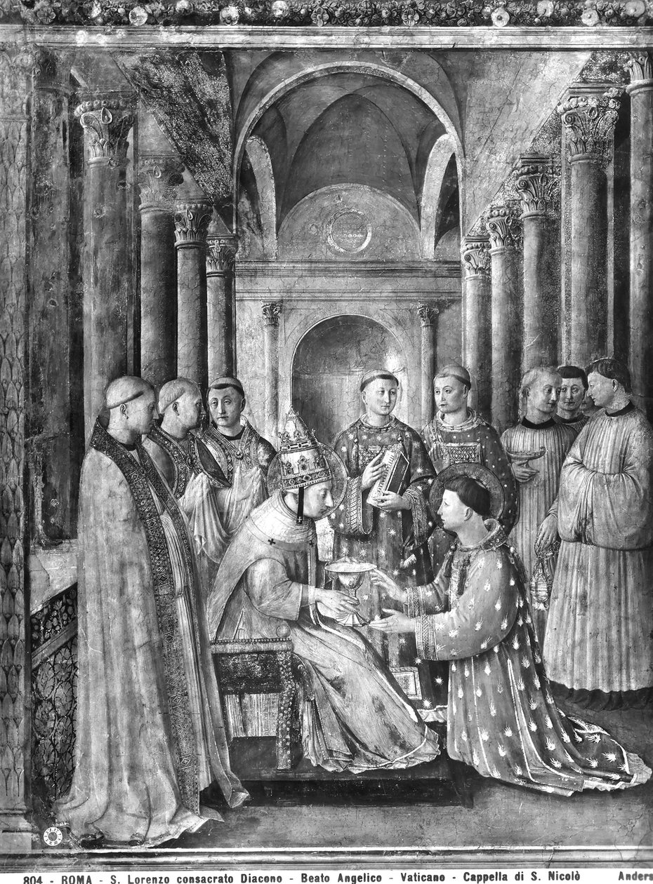 Papež Sixtus II. († 258) uděluje diakonát sv. Vavřinci († 258) z kaple Mikuláše V. od Fra Angelico