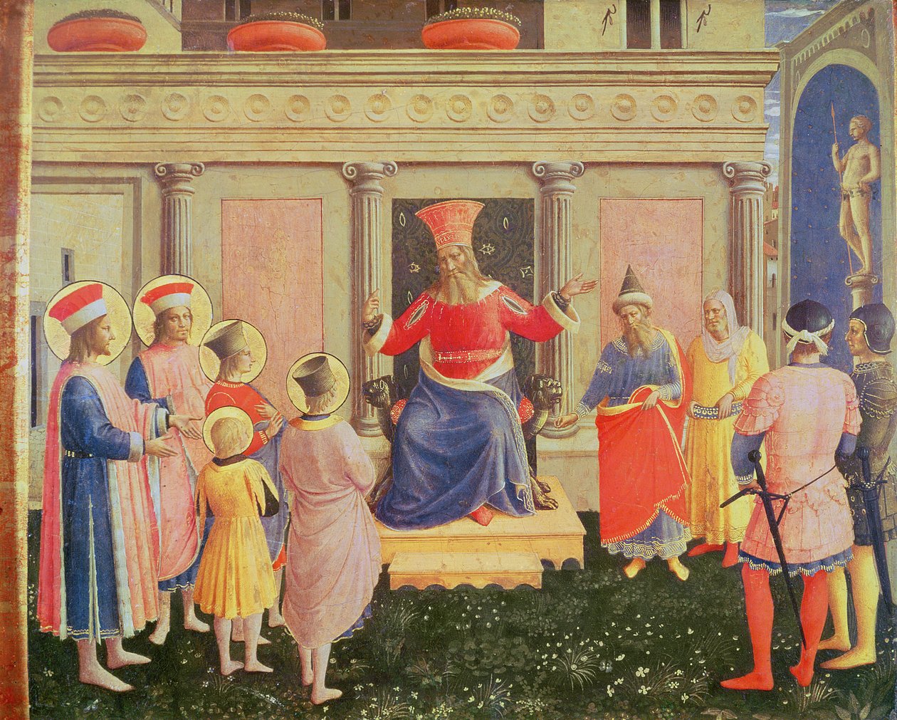 Svatí Kosmas a Damian a jejich bratři před prokonzulem Lysiasem, z predely oltářního obrazu San Marco, 1438-40 (tempera na panelu) od Fra Angelico