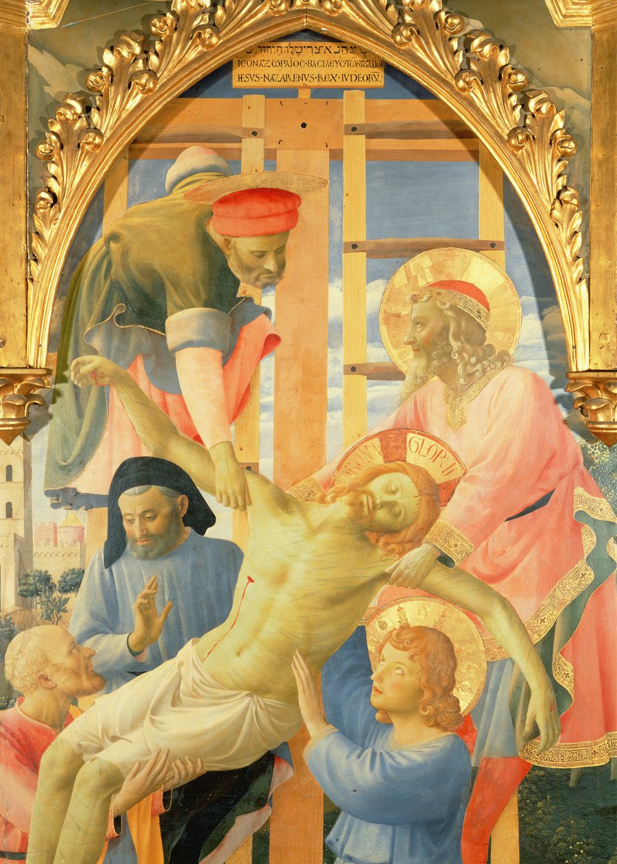 Oltář Santa Trinita, detail mrtvého Krista spouštěného z kříže, cca 1434 tempera a zlato na panelu od Fra Angelico