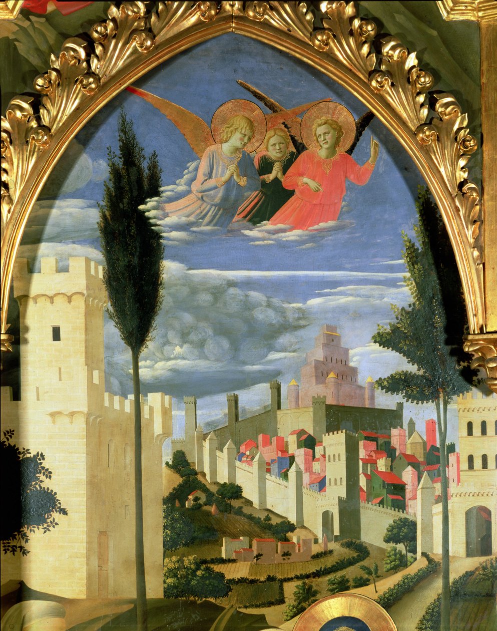 Oltářní obraz Santa Trinita, detail truchlících andělů, cca 1434 tempera a zlato na desce od Fra Angelico