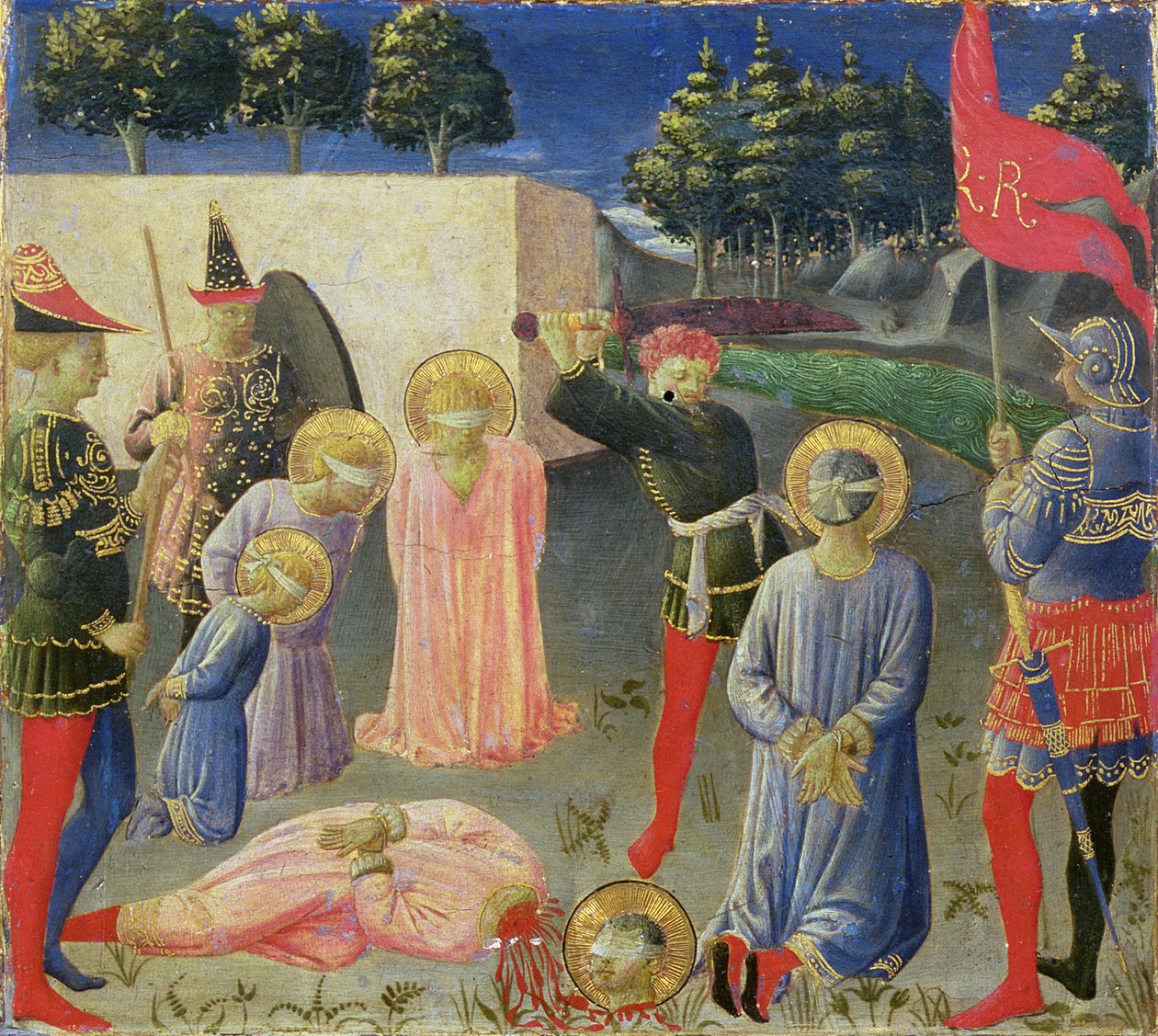 Stětí sv. Kosmy a sv. Damiána z predely oltářního obrazu Annalena, kolem 1434 (tempera na panelu) od Fra Angelico
