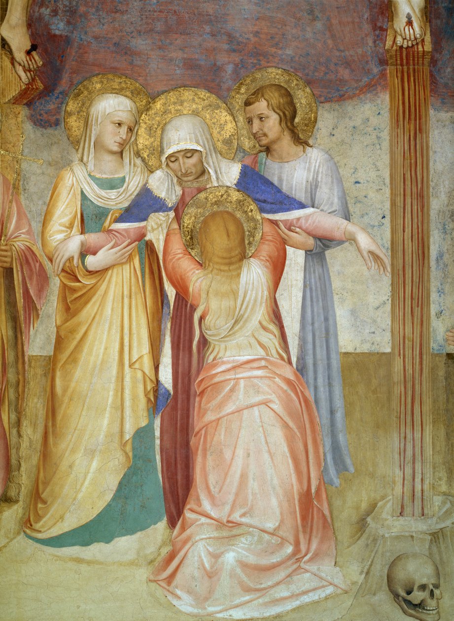 Ukřižování, detail Panny Marie a průvodců z Kapituly, freska 1441-42 od Fra Angelico
