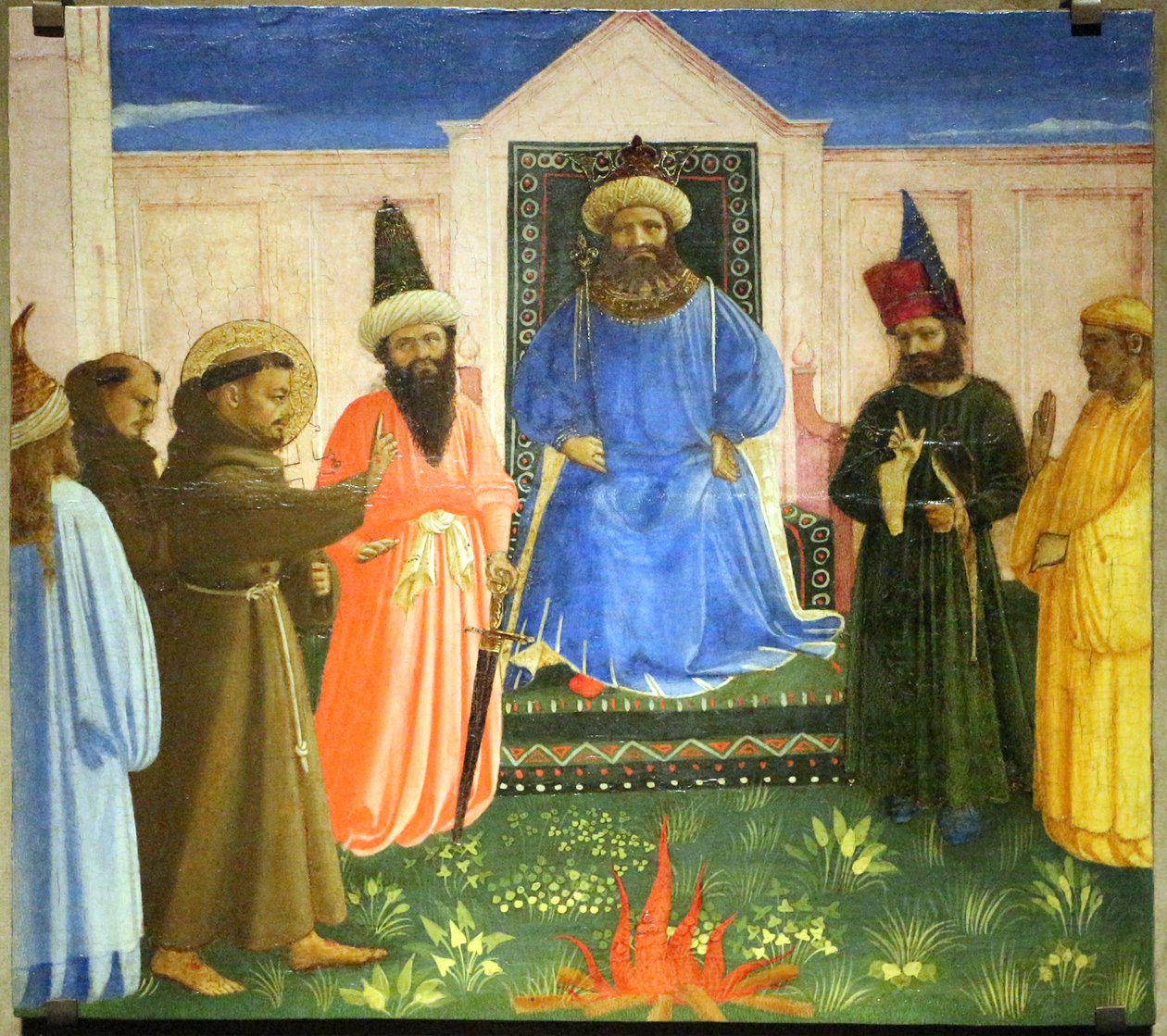 Zkouška ohněm, svatý František nabízí, že projde ohněm, aby obrátil egyptského sultána (Legenda maior, IX, 8). od Fra Angelico