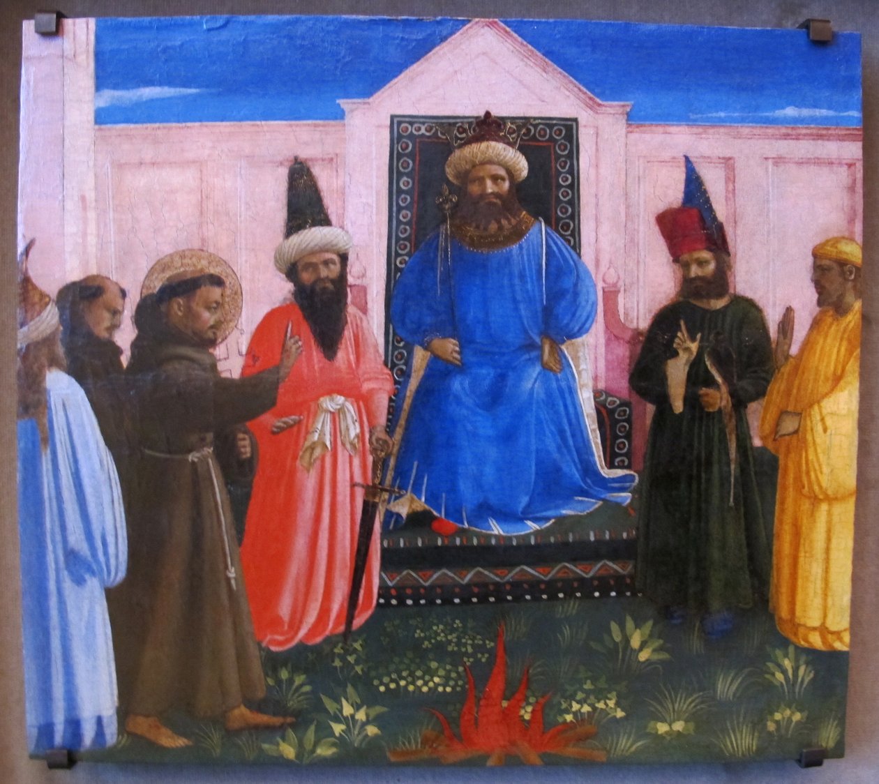 Zkouška ohněm, svatý František nabízí, že projde ohněm, aby obrátil egyptského sultána (Legenda maior, IX, 8). od Fra Angelico