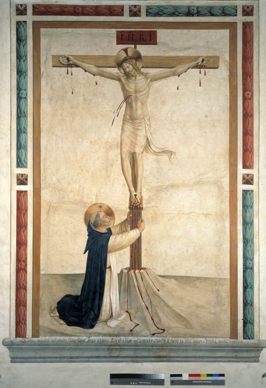 Ukřižování se svatým Dominikem. Nápis ""INRI"" na kříži, 1442 od Fra Angelico