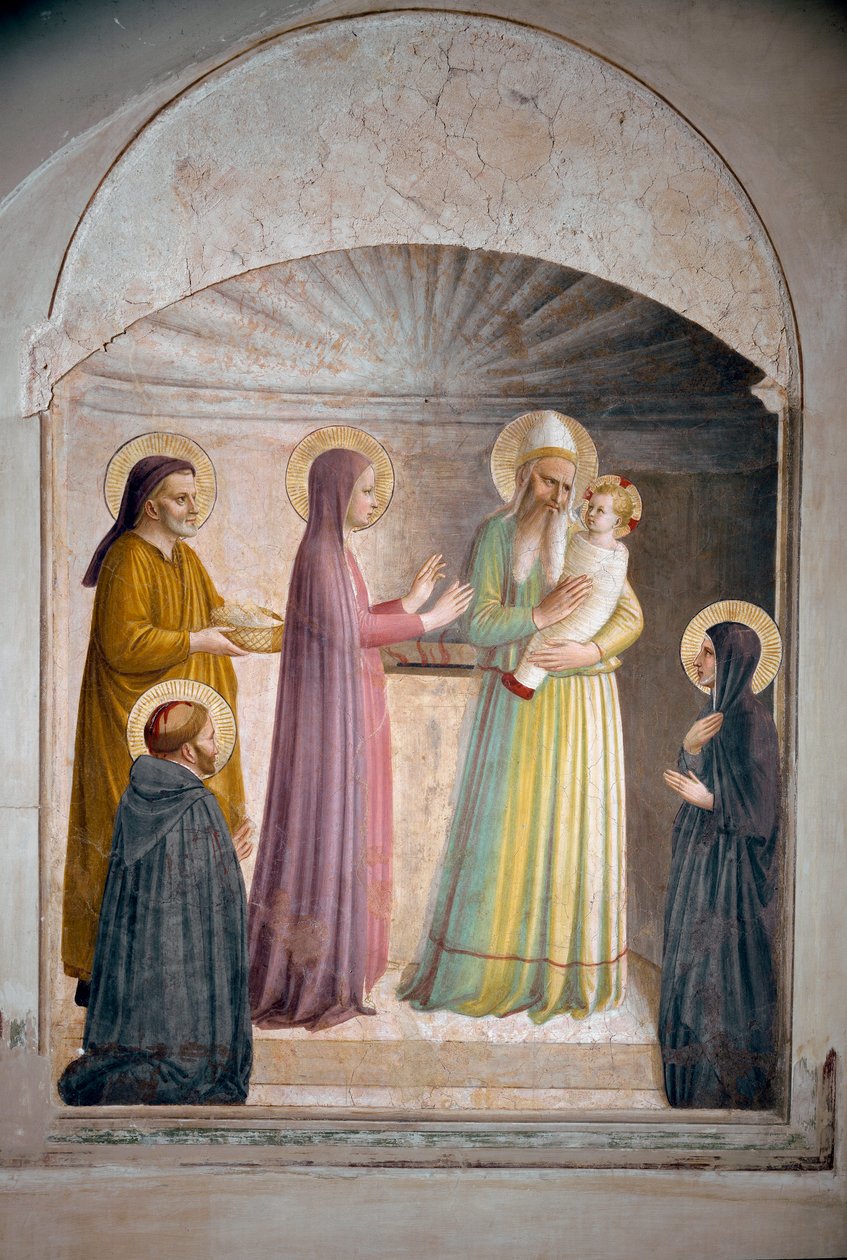 Představení Krista v chrámu. Svatý Petr, mučedník a dominikánská jeptiška Villana, pozoruje biblickou scénu. Freska od Guida di Pietra od Fra Angelico