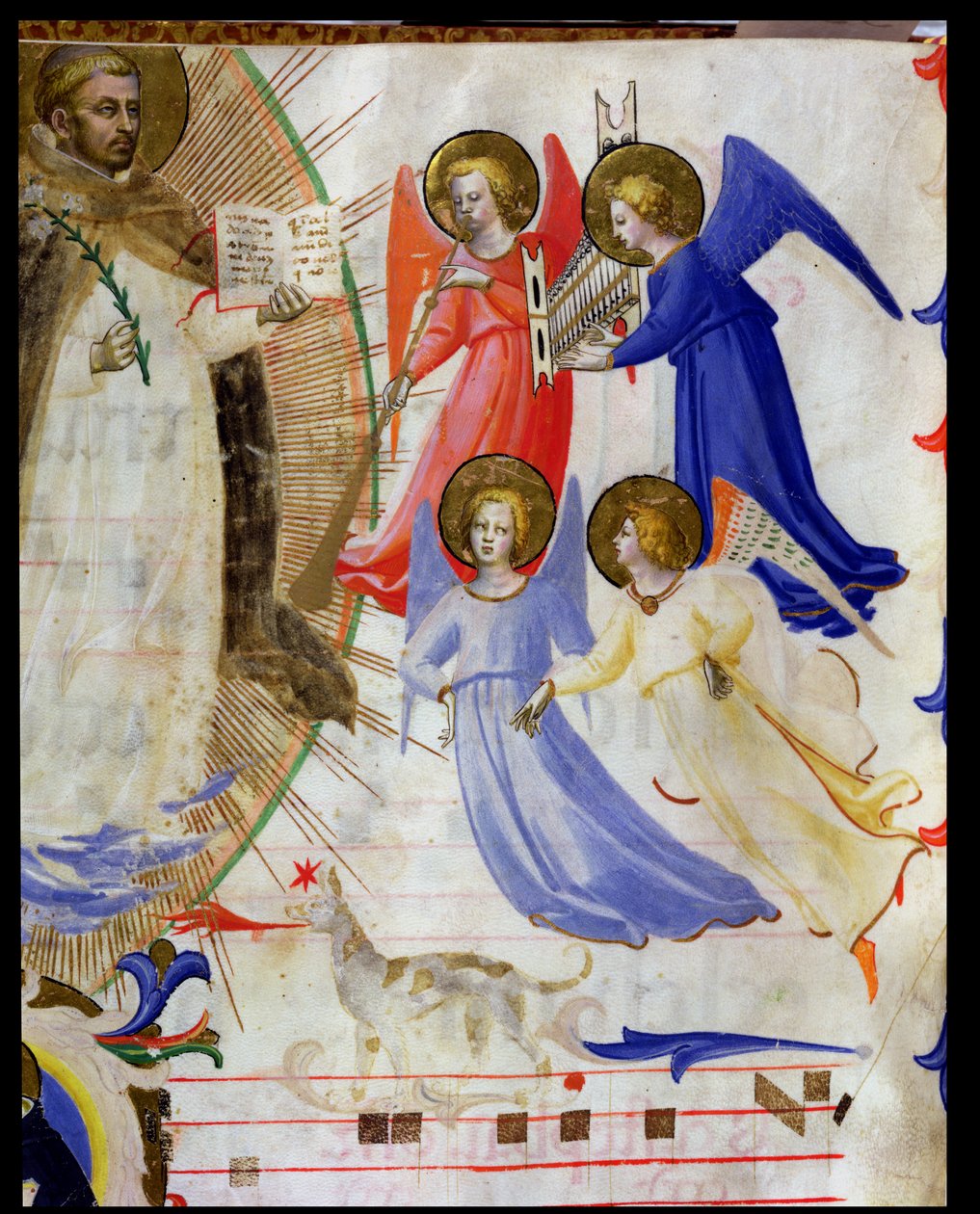 ds 558 f.67v St. Dominic se čtyřmi hudebními anděly, z graduálu ze San Marco e Cenacoli vellum detail z 88937 & 79797 od Fra Angelico