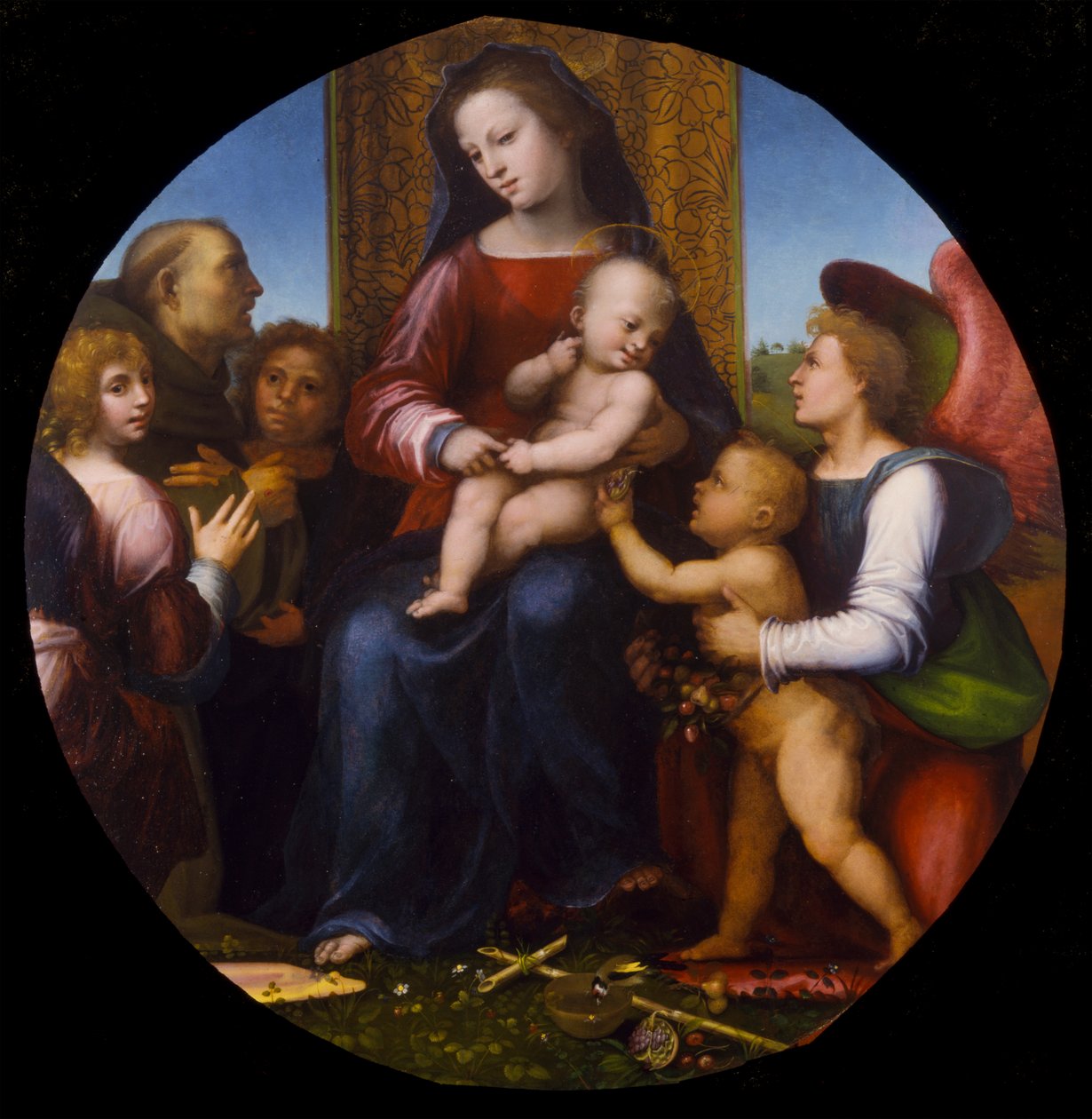 Připsáno Fra Bartolommeovi - Panna s dítětem s malým Janem Křtitelem, svatým Františkem a třemi anděly, kolem 1510, K148 od Fra Bartolomeo