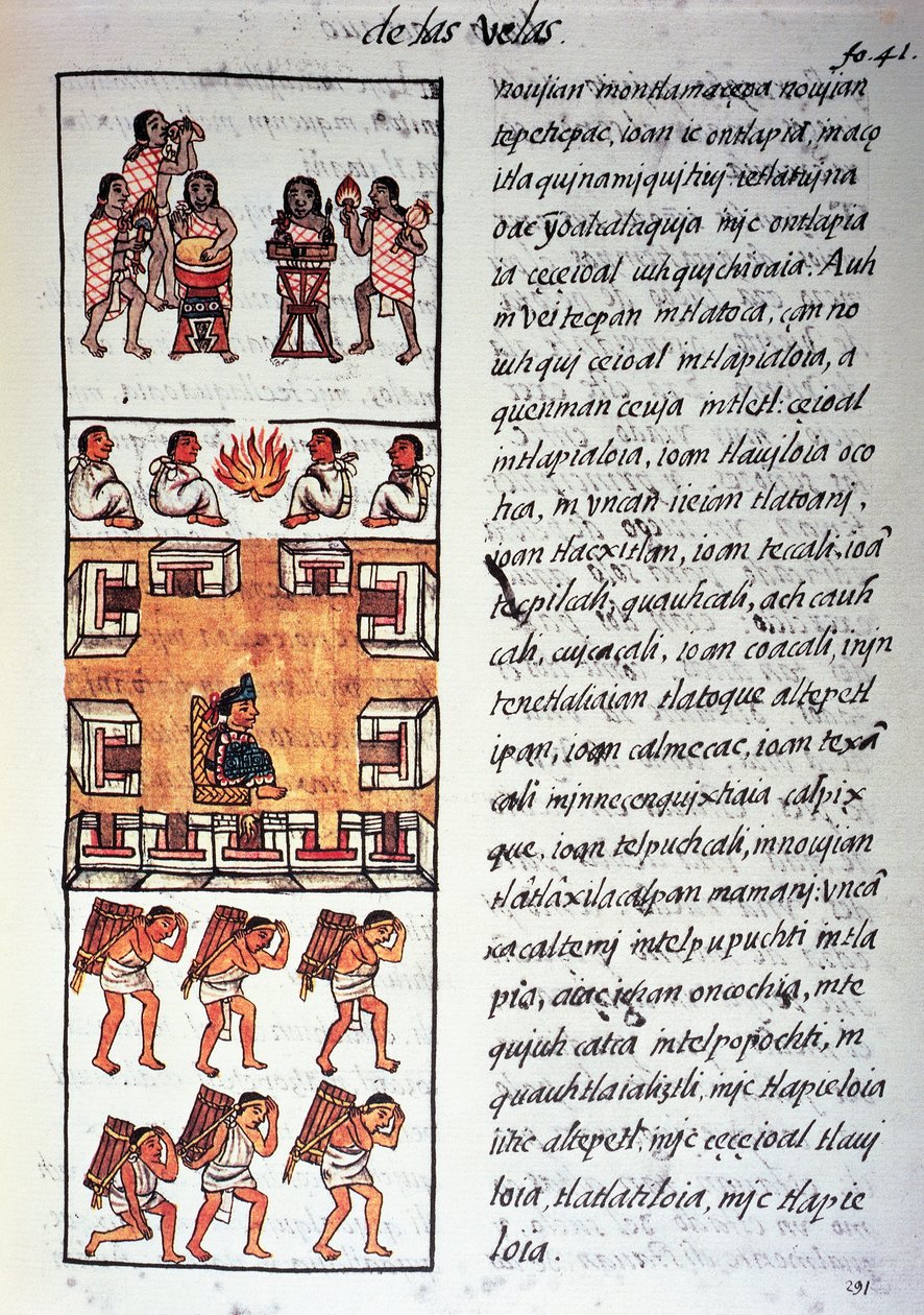 Aztécká společnost, hudebníci, král a obchodníci, text v nahuati, z faksimile rukopisu Obecná historie věcí Nového Španělska, také známý jako Florentský kodex, od Bernardina de Sahagun od Fra Bernadino da Sahagun