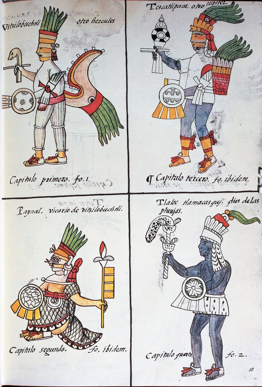 Bohové starých Mexičanů, Huitzilopochtli, Tezcatlipoca, Tlaloc a Paynal, text ve španělštině, z faksimile rukopisu Obecná historie věcí Nového Španělska, také známý jako Florentský kodex, od Bernardina de Sahagun od Fra Bernadino da Sahagun
