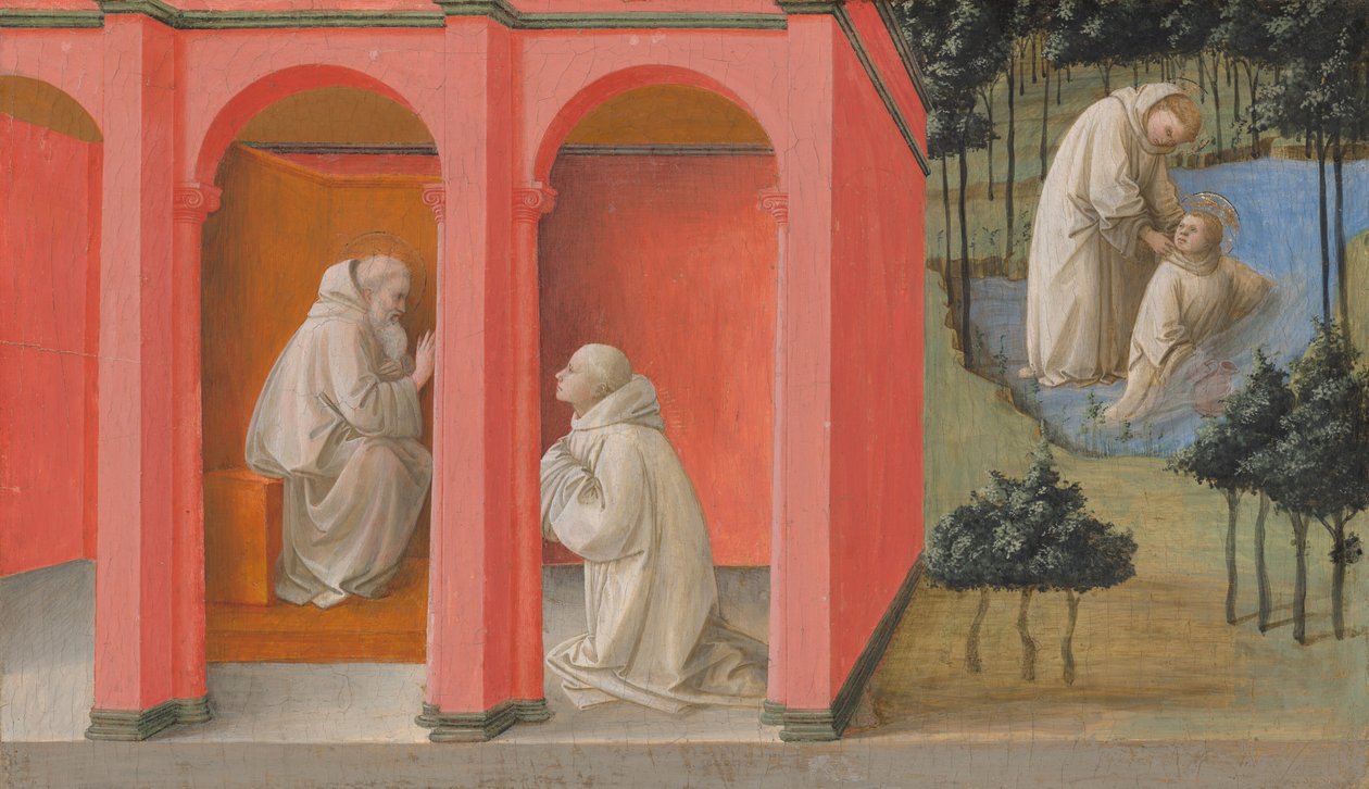 Svatý Benedikt posílá svatého Mauruse na pomoc svatému Placidovi od Fra Filippo Lippi