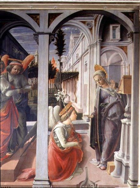 Zvěstování, detail Anděla Gabriela a Panny od Fra Filippo Lippi