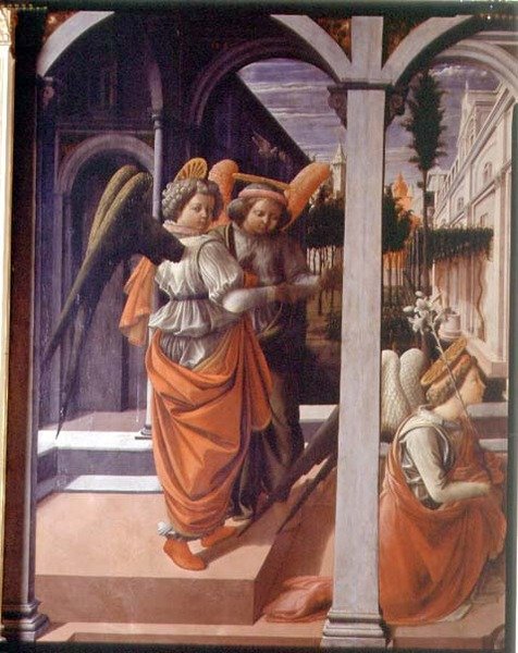 Zvěstování, detail dvou andělů od Fra Filippo Lippi