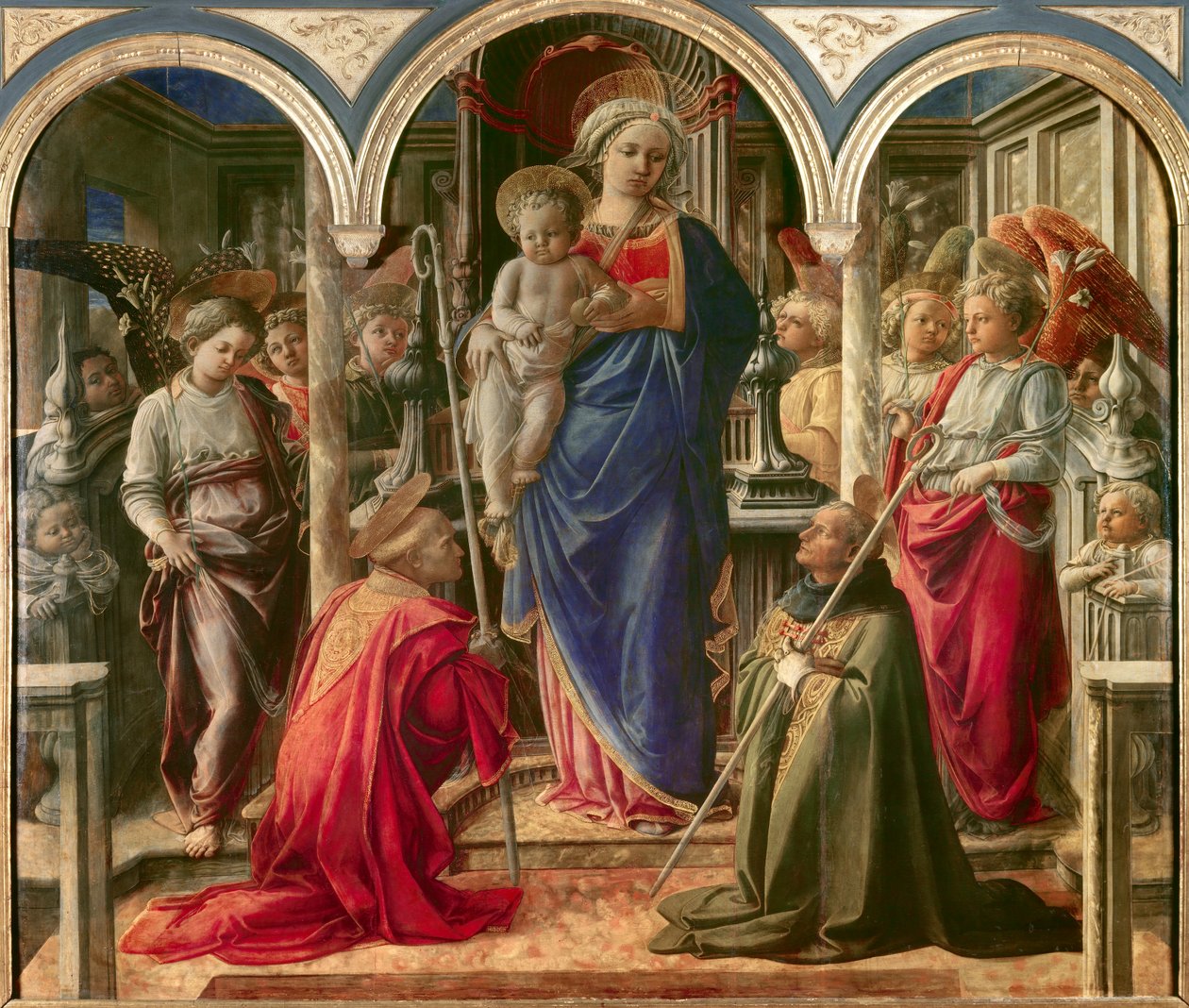 Panna s dítětem obklopená anděly, svatý Frediano (Fridianus de Lucca nebo Frigidanus, Frigidian, Frigianu) a svatý Augustin, známý jako Pala Barbadori, oltářní obraz od Filippa Lippiho (1406-1469) 1437-1438. Sponzorovaný rodinou Barbadori pro Bar od Fra Filippo Lippi