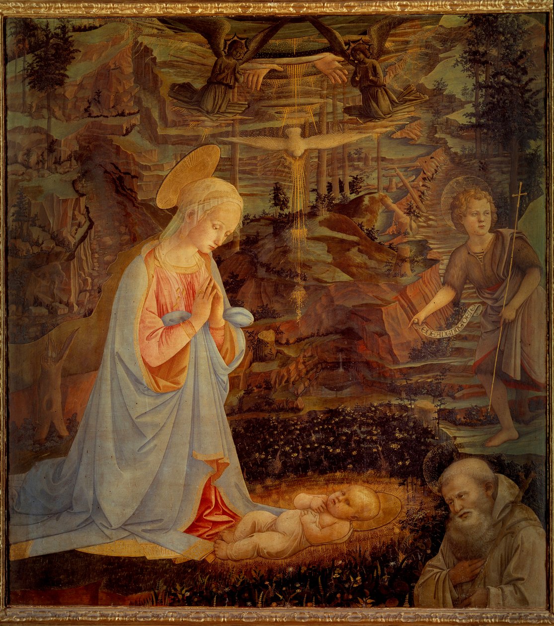 Panna, Dítě Ježíš, Svatý Jan Křtitel a Svatý Bernard z Clairvaux (San Bernardo di Chiaravalle) (1090 - 1153) Poslední jmenovaný byl zakladatelem řádu cisteriánů a prvním patronem řádu templářů. Detrempe na w od Fra Filippo Lippi